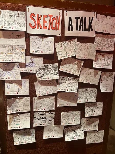 Sticky notes and sketches from a UIUX Studio design workshop