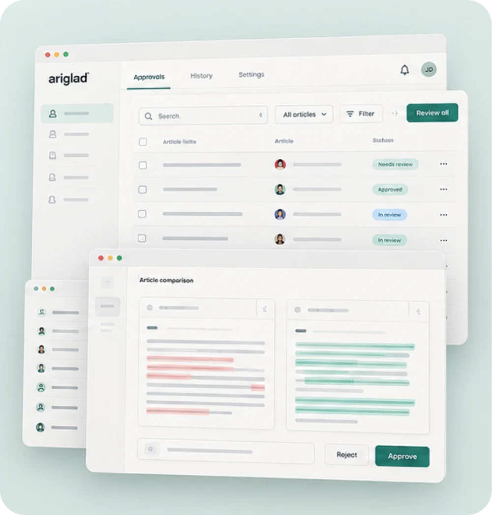 Ariglad approvals list and an article comparison screen with Reject and Approve buttons