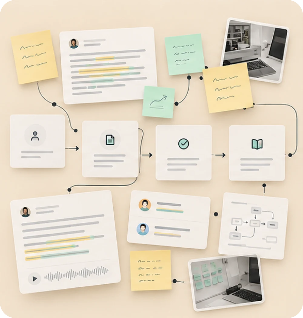 Research board with interview notes and a journey map
