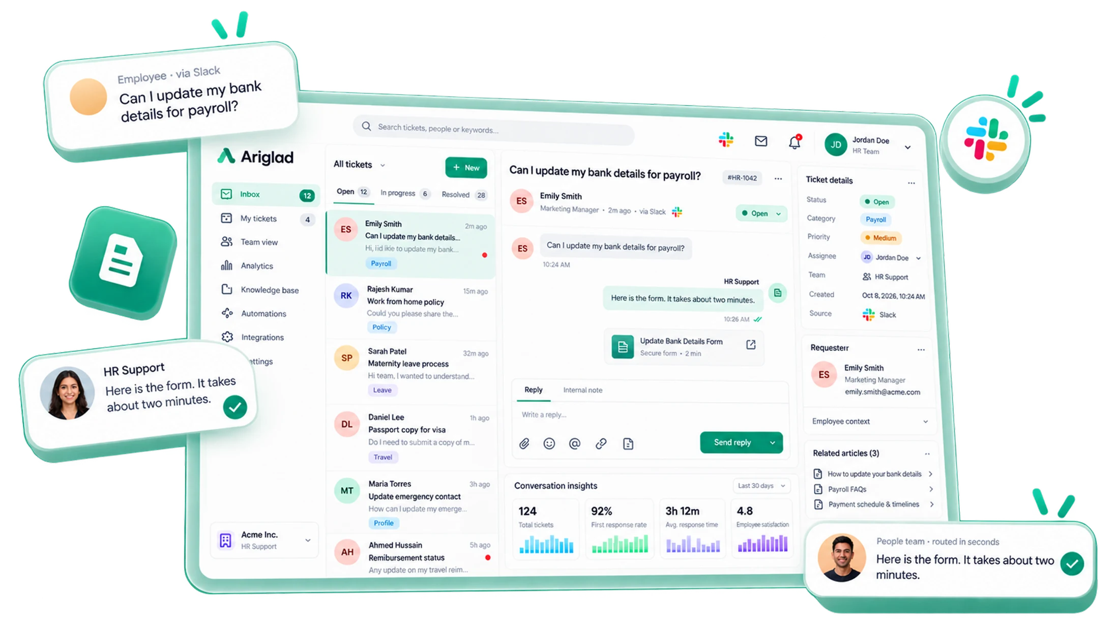 Ariglad inbox with an employee's payroll question from Slack, the HR team's reply and the ticket details