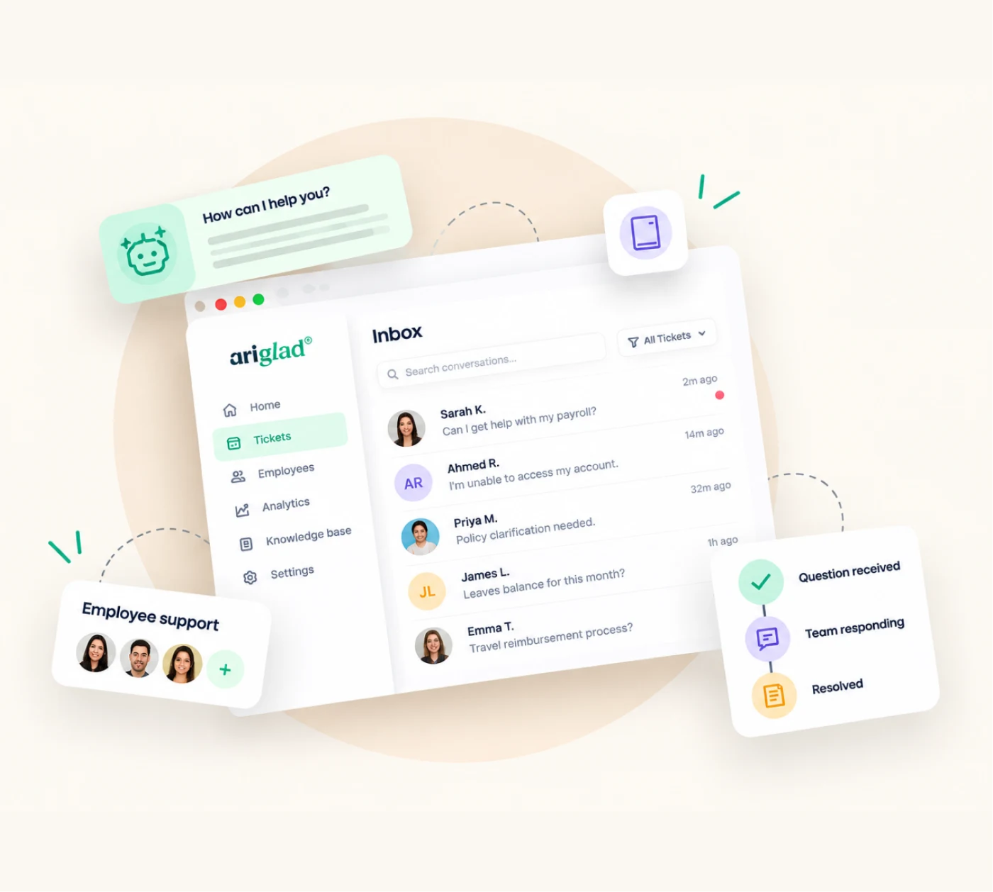 Ariglad inbox with an AI helper, employee support and resolved status