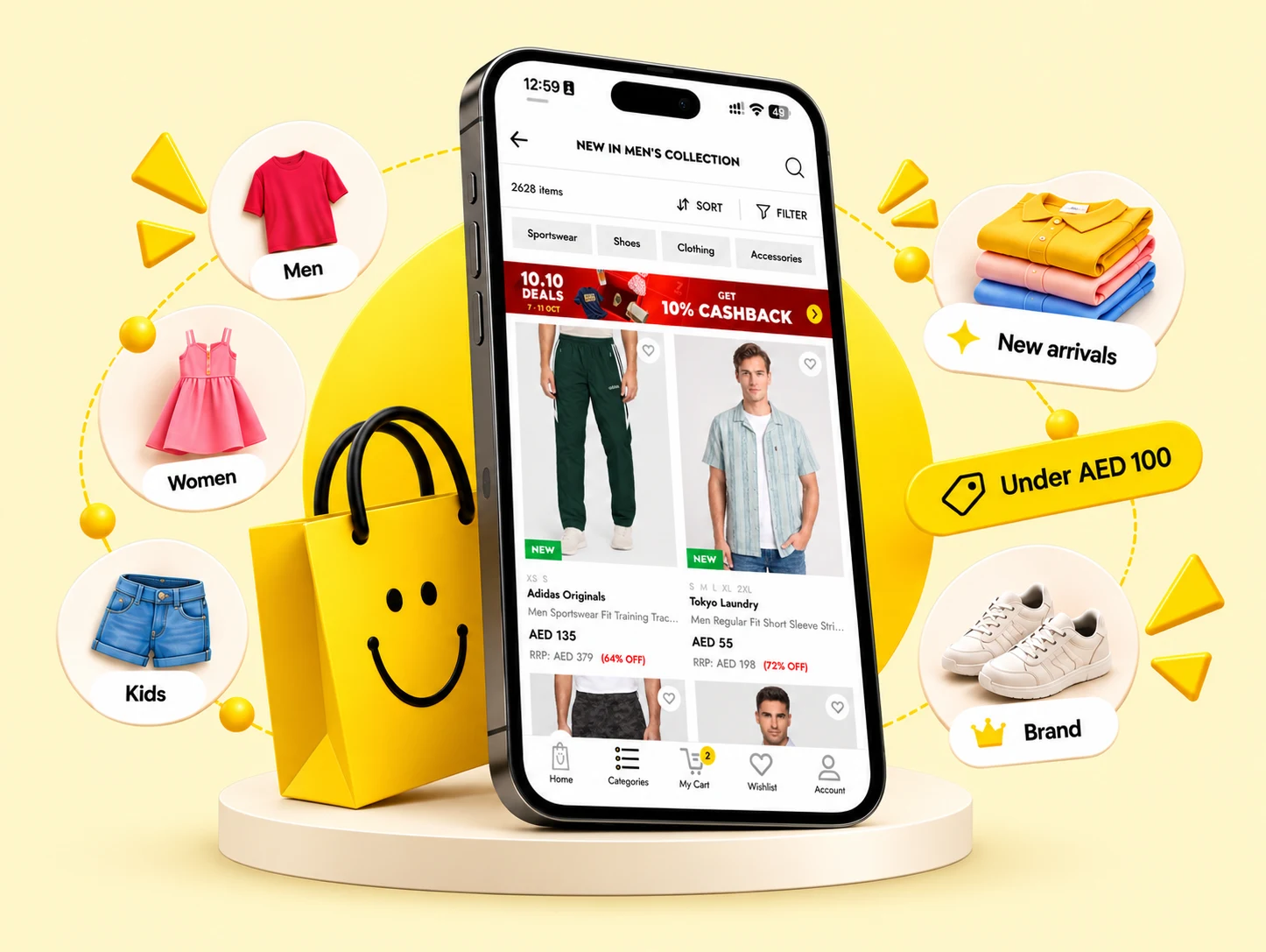 Brands For Less category screen with filters for men, women, kids, new arrivals, price and brand