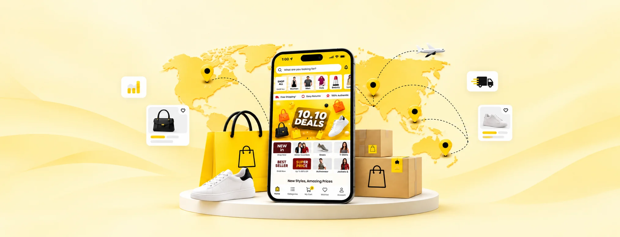 Brands For Less app on a phone in front of a world map, with shopping bags, parcels and delivery icons