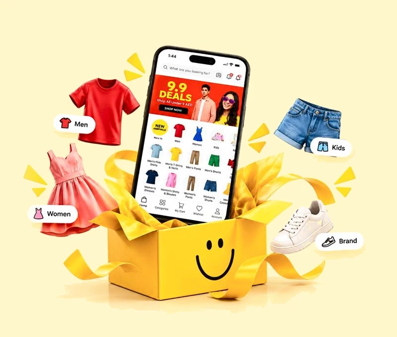 Brands For Less app on a phone rising from a smiling yellow gift box, surrounded by clothing