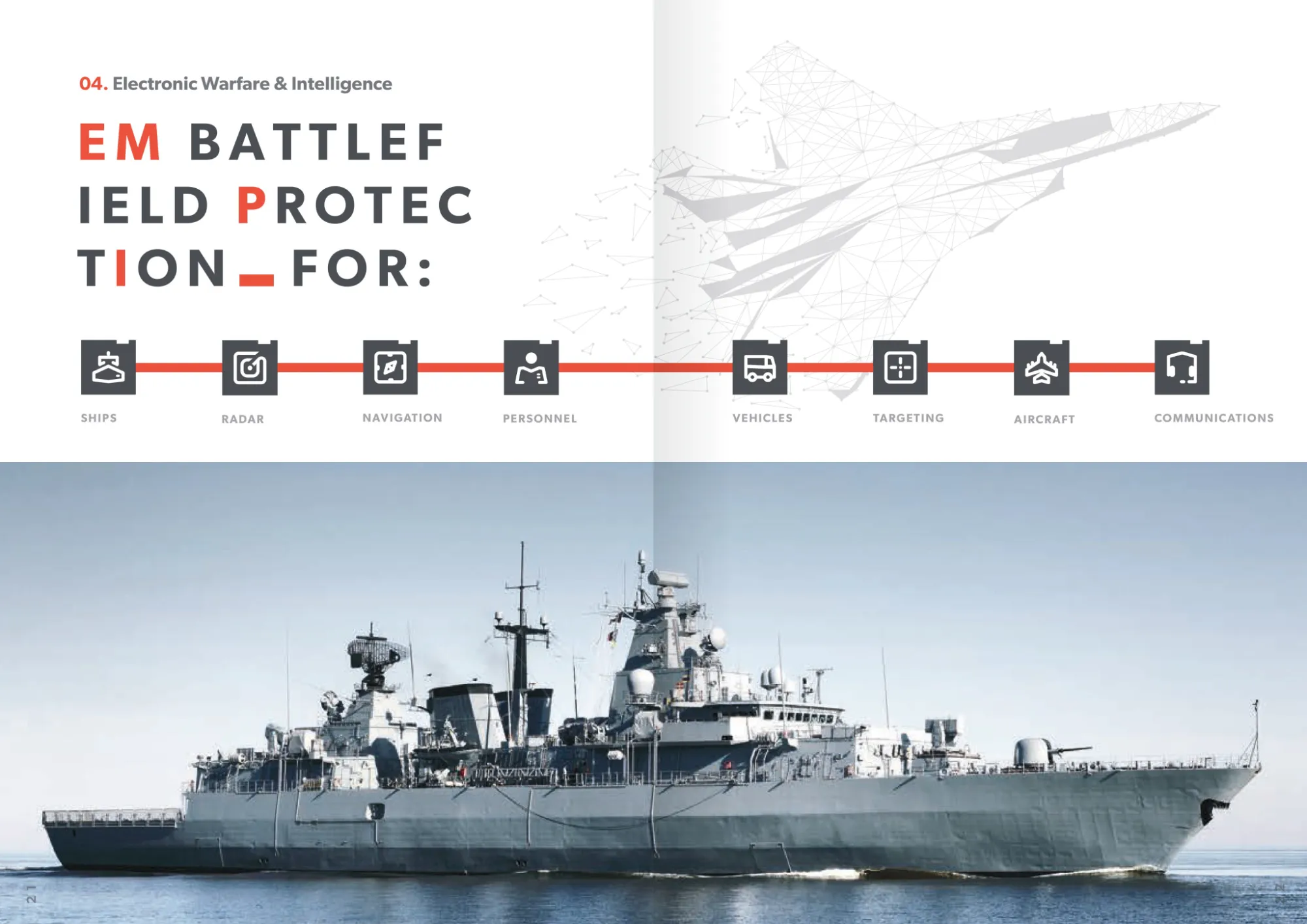 Brochure spread on electromagnetic battlefield protection, with a naval frigate