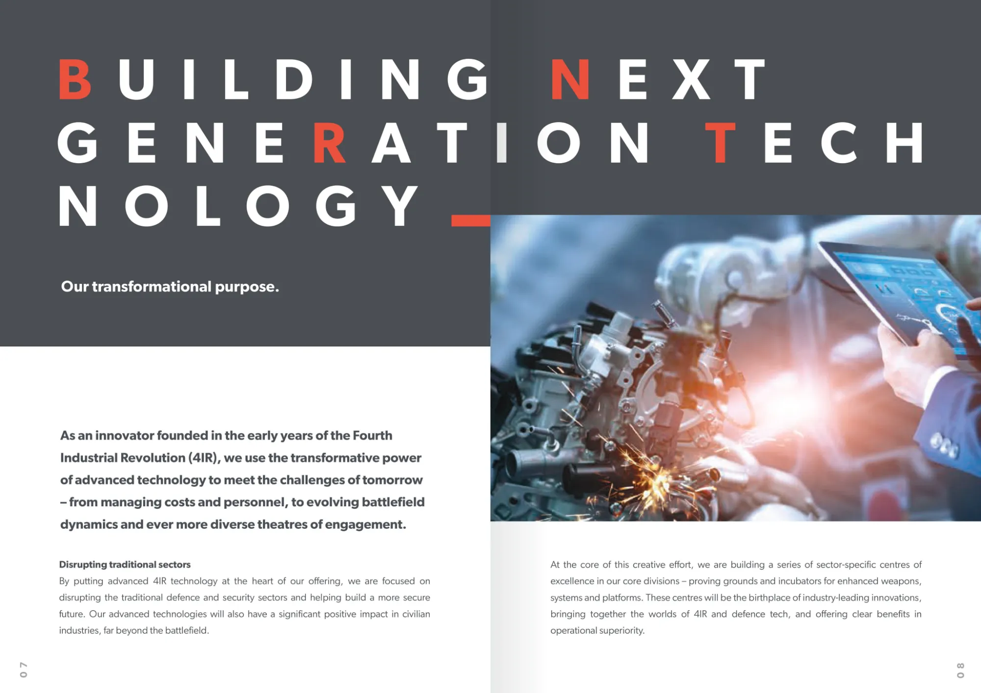 Brochure spread on building next generation technology, with an engineer at a machine