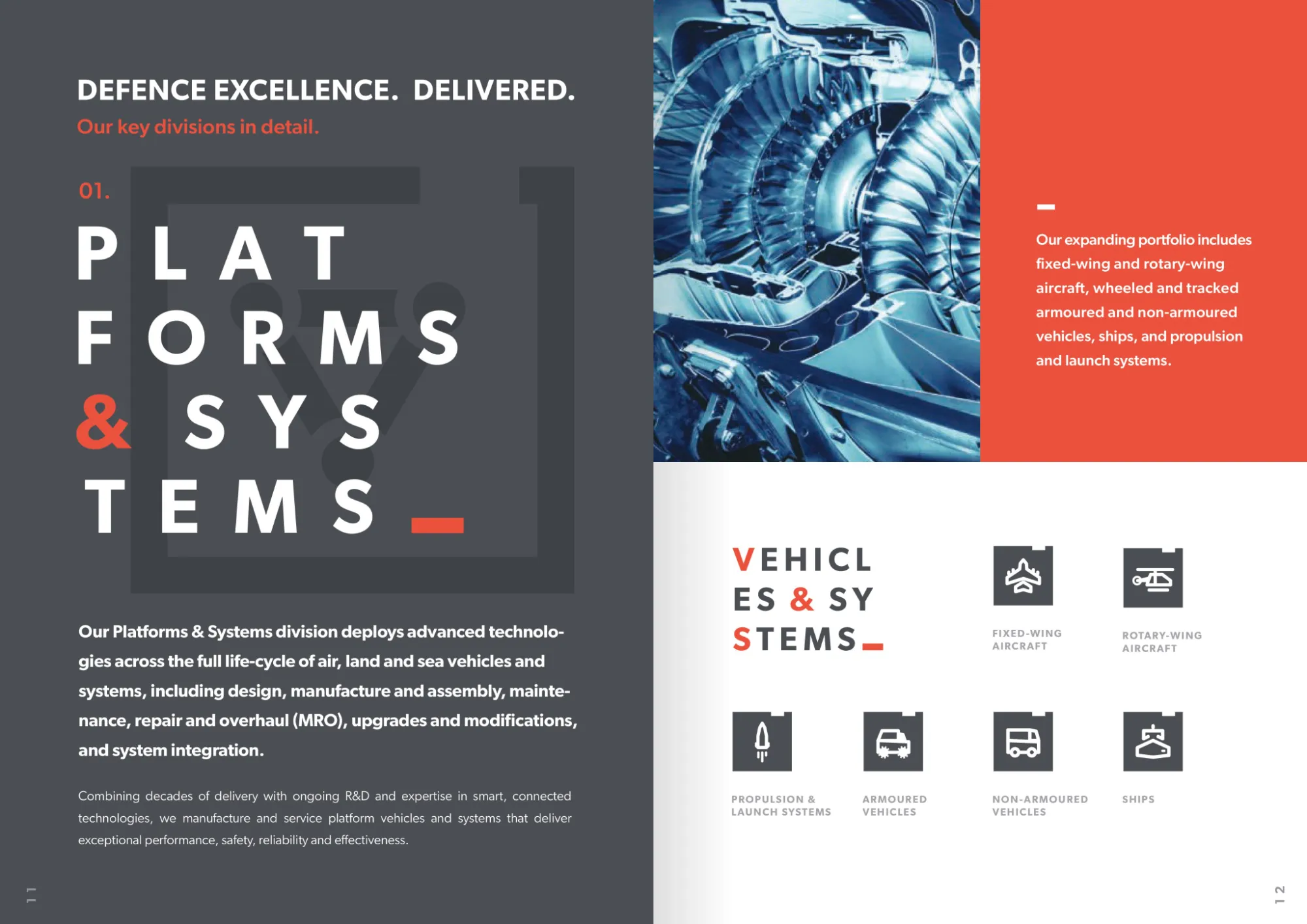 Brochure spread for Platforms & Systems, with a jet engine photo and vehicle and vessel icons