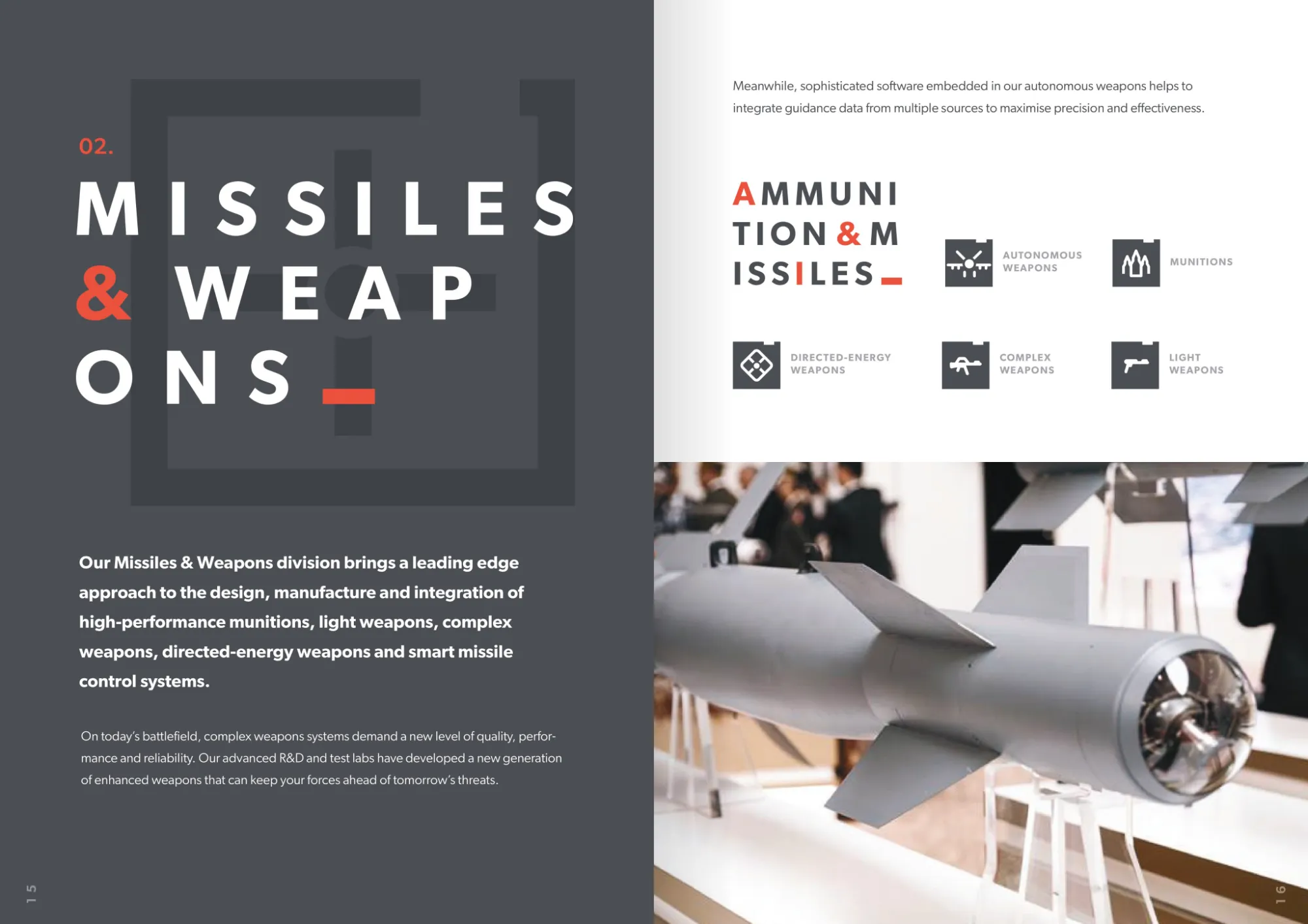 Brochure spread for Missiles & Weapons, with a guided munition on display