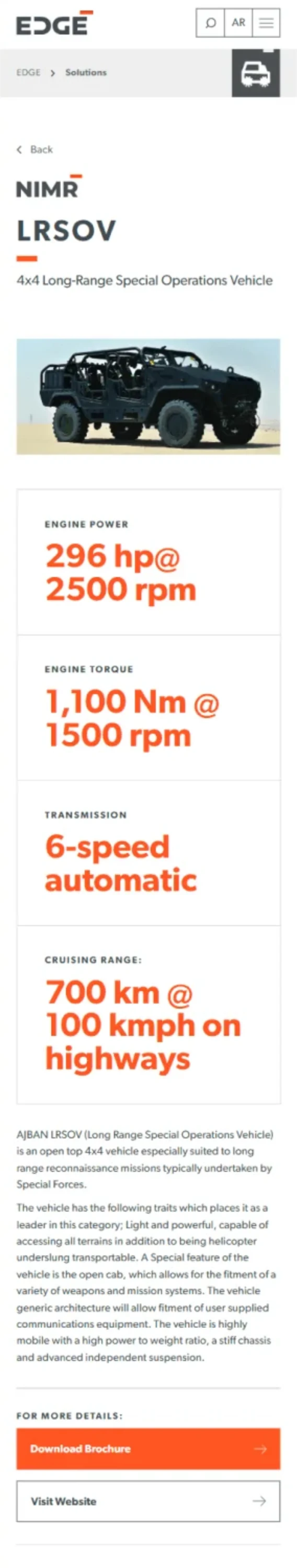 EDGE product page for the NIMR LRSOV vehicle on a phone