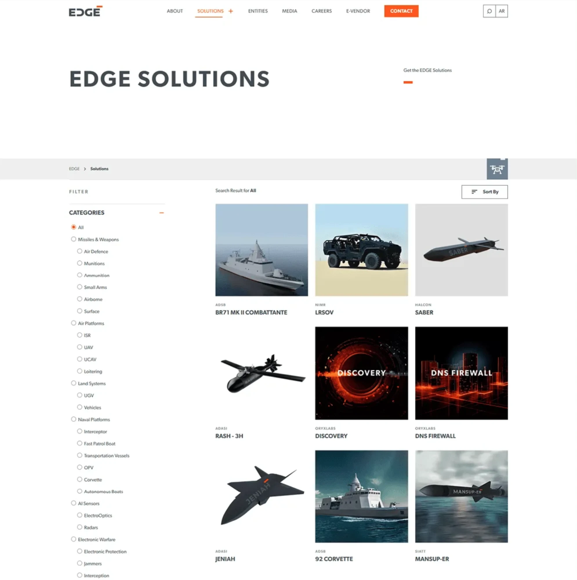 EDGE solutions catalogue on desktop, with category filters beside a product grid