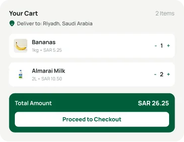 Panda cart with two items, the total in Saudi riyals and a Proceed to Checkout button