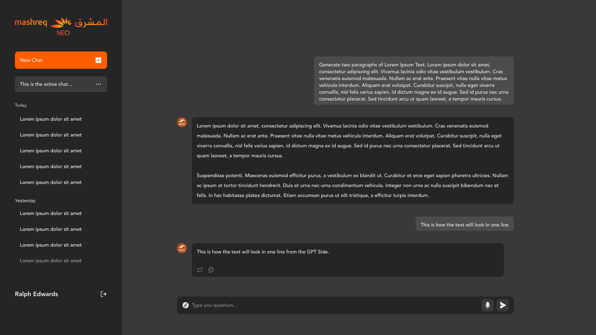 NEO GPT chat screen with chat history by day, a conversation and the question bar