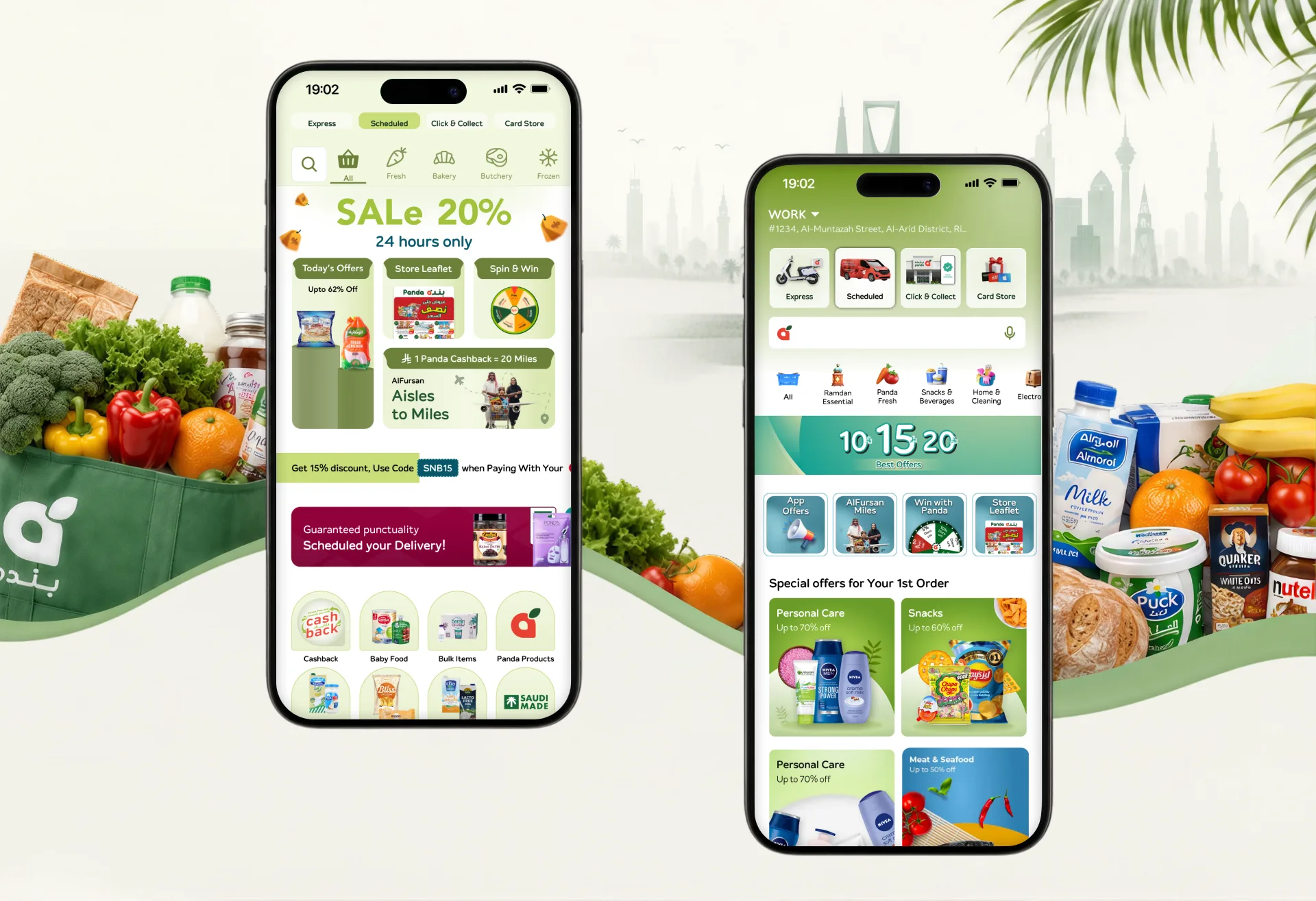 Two Panda app home screens with offers and grocery categories, beside fresh produce and a Panda shopping bag
