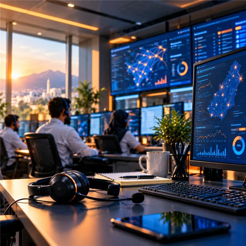 Omantel service desk with headset and live wall screens