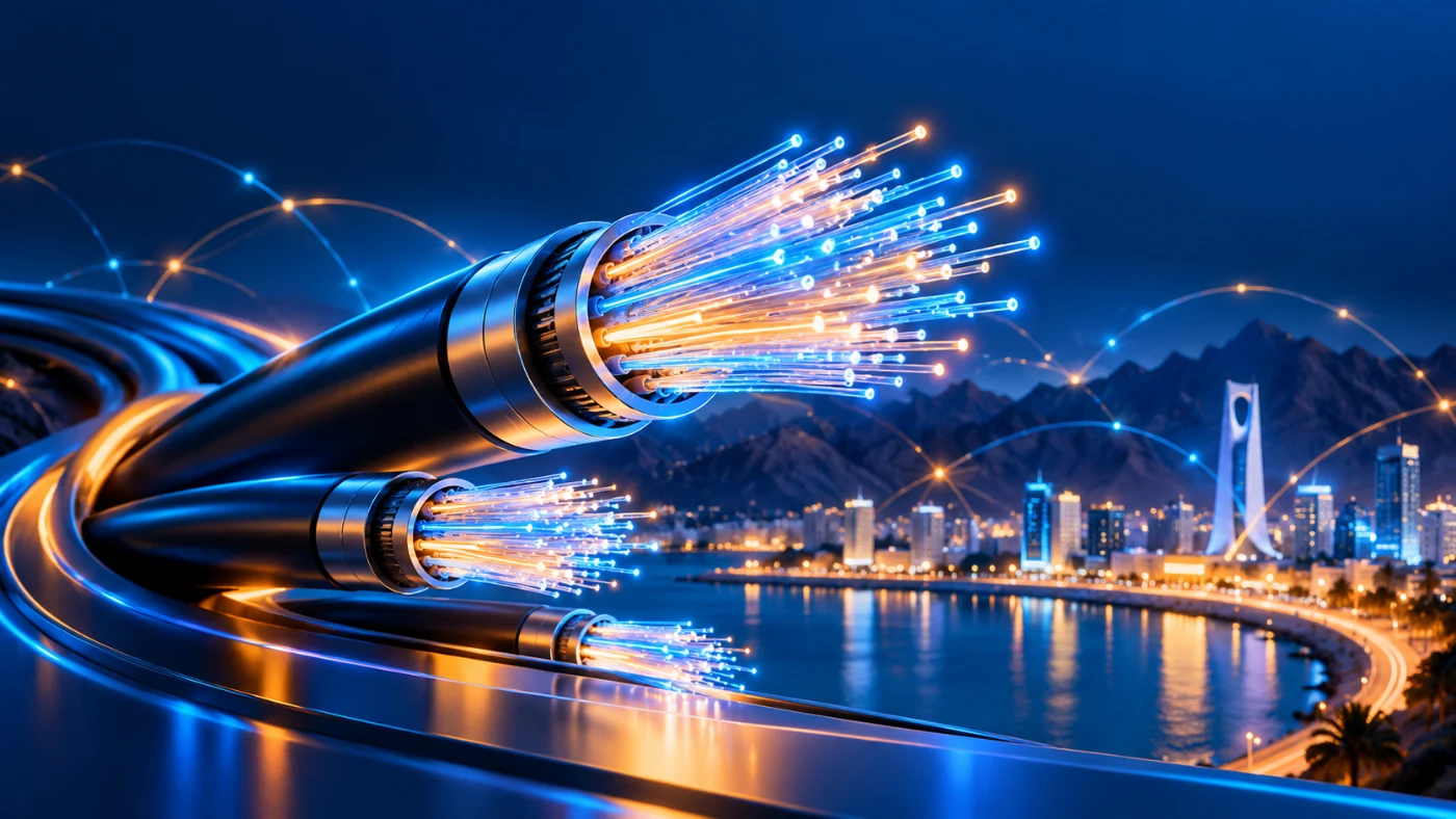 Glowing fibre-optic cables in front of the Muscat skyline