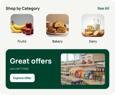 Panda Shop by Category row with fruits, bakery and dairy, above an offers banner