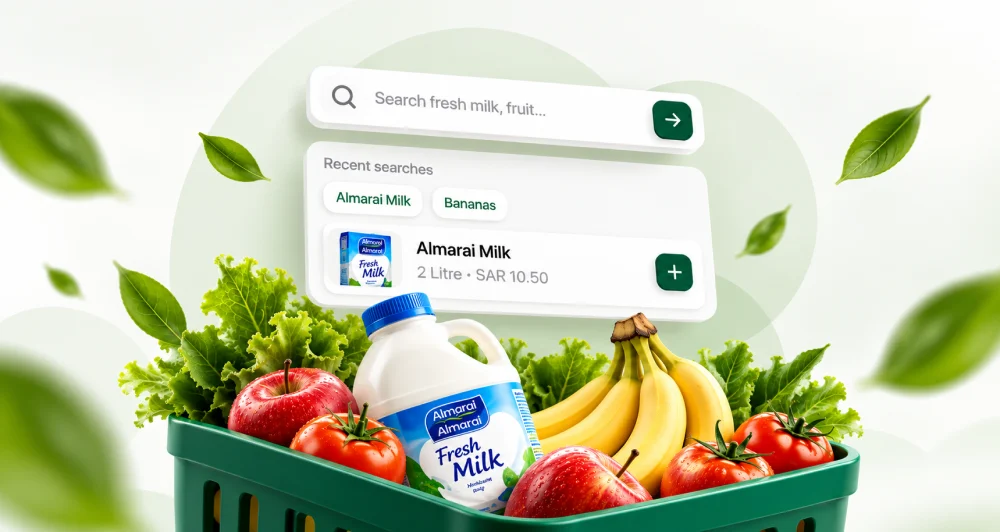 Panda app search with recent searches and an Almarai milk result, above a basket of groceries