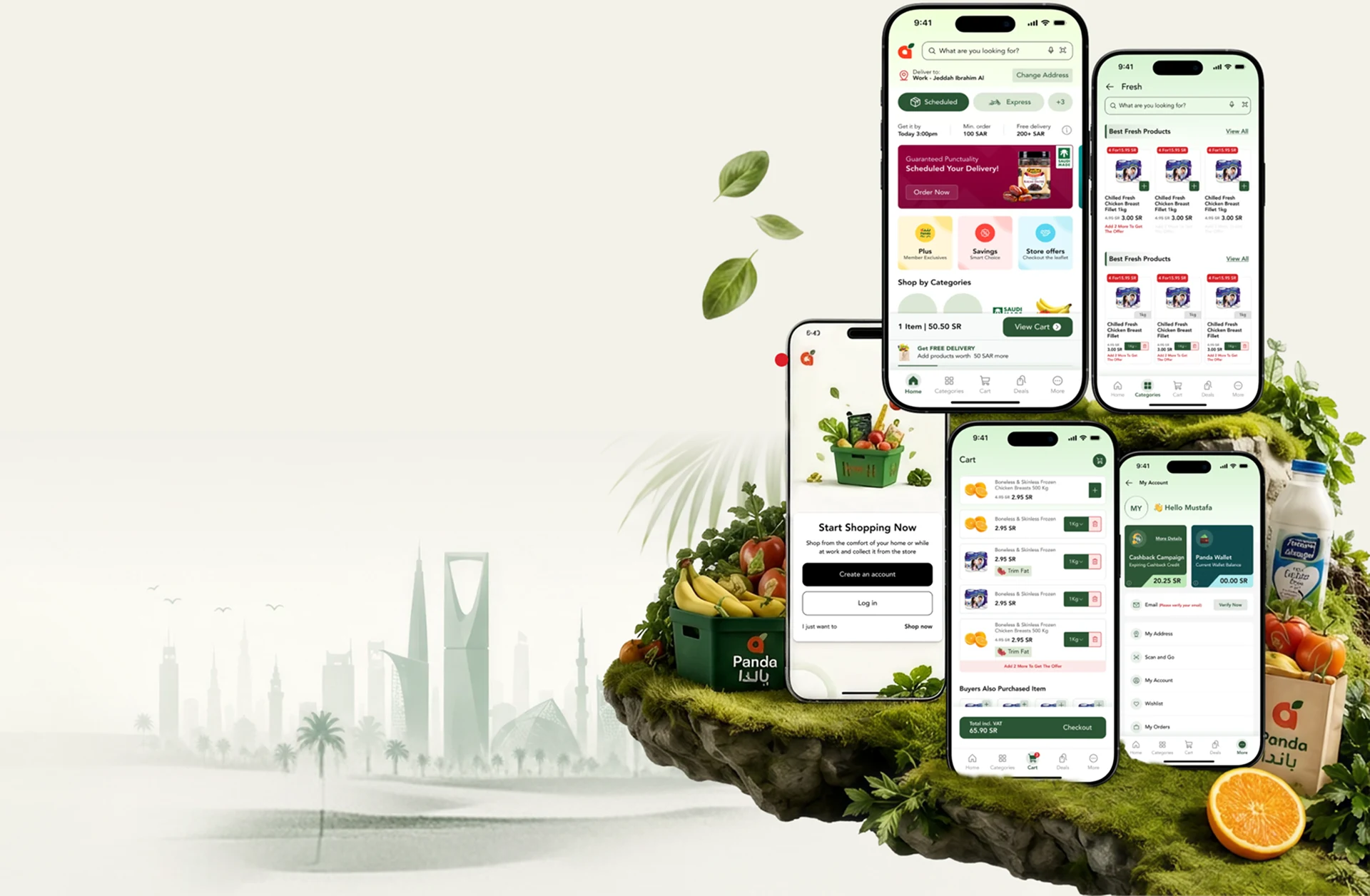High-fidelity Panda app screens for sign-in, home, categories and product lists
