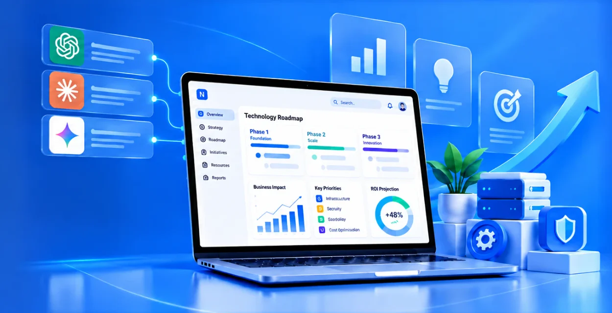 A technology roadmap on a laptop with ChatGPT, Claude and Gemini feeding into it