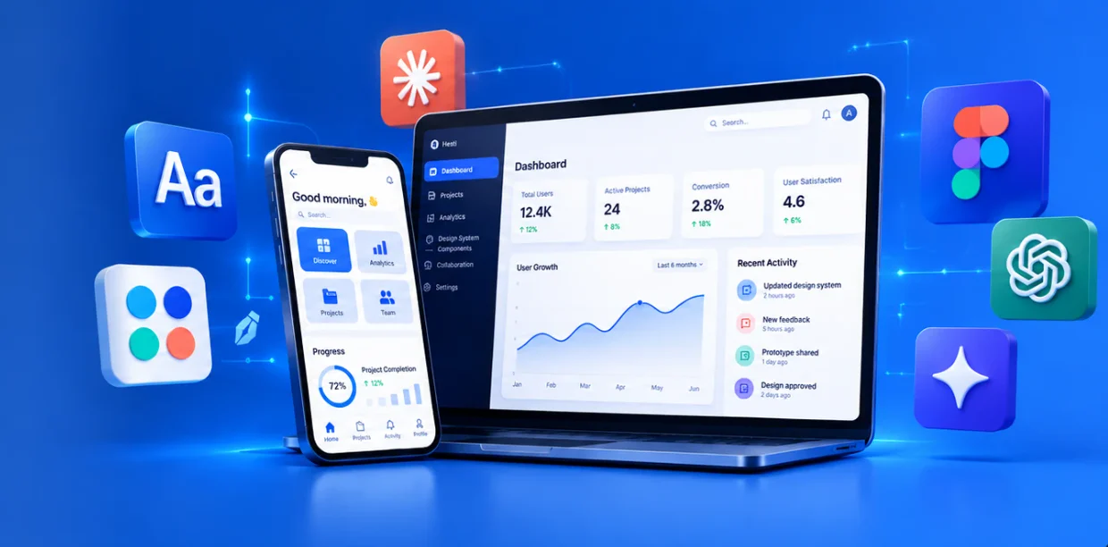 A product dashboard on a laptop and phone with Figma, Claude, ChatGPT and Gemini tools around it