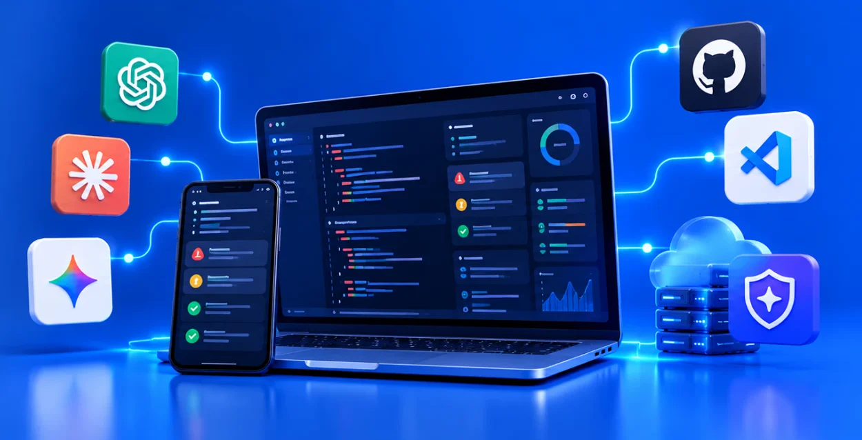 A web and mobile app under technical review, with ChatGPT, Claude, Gemini, GitHub and VS Code connected to it