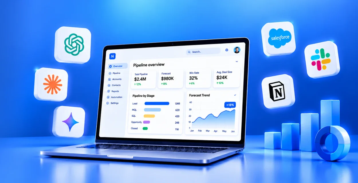 A RevOps pipeline dashboard on a laptop with ChatGPT, Claude, Gemini, Salesforce, Slack and Notion around it